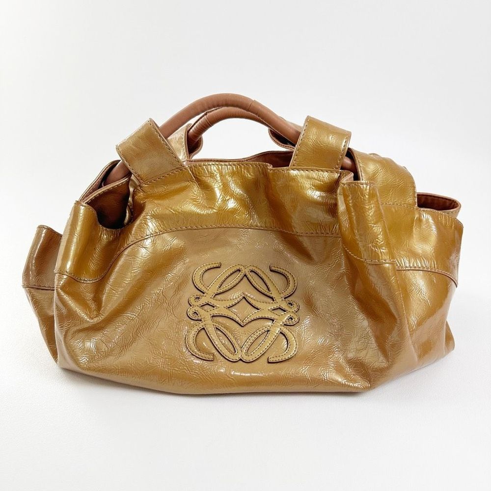 LOEWE Aire Bronze Gold Metallic Patent Leather Bag Medium Top Handle Crinkled - Picture 3 of 15
